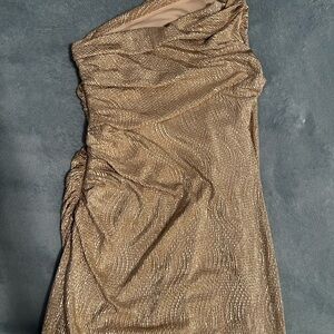 Betsy & Adam Metallic Gold and Cream Gown